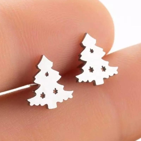 SILVER Tone Christmas Tree Earring Pair - Picture 1 of 8